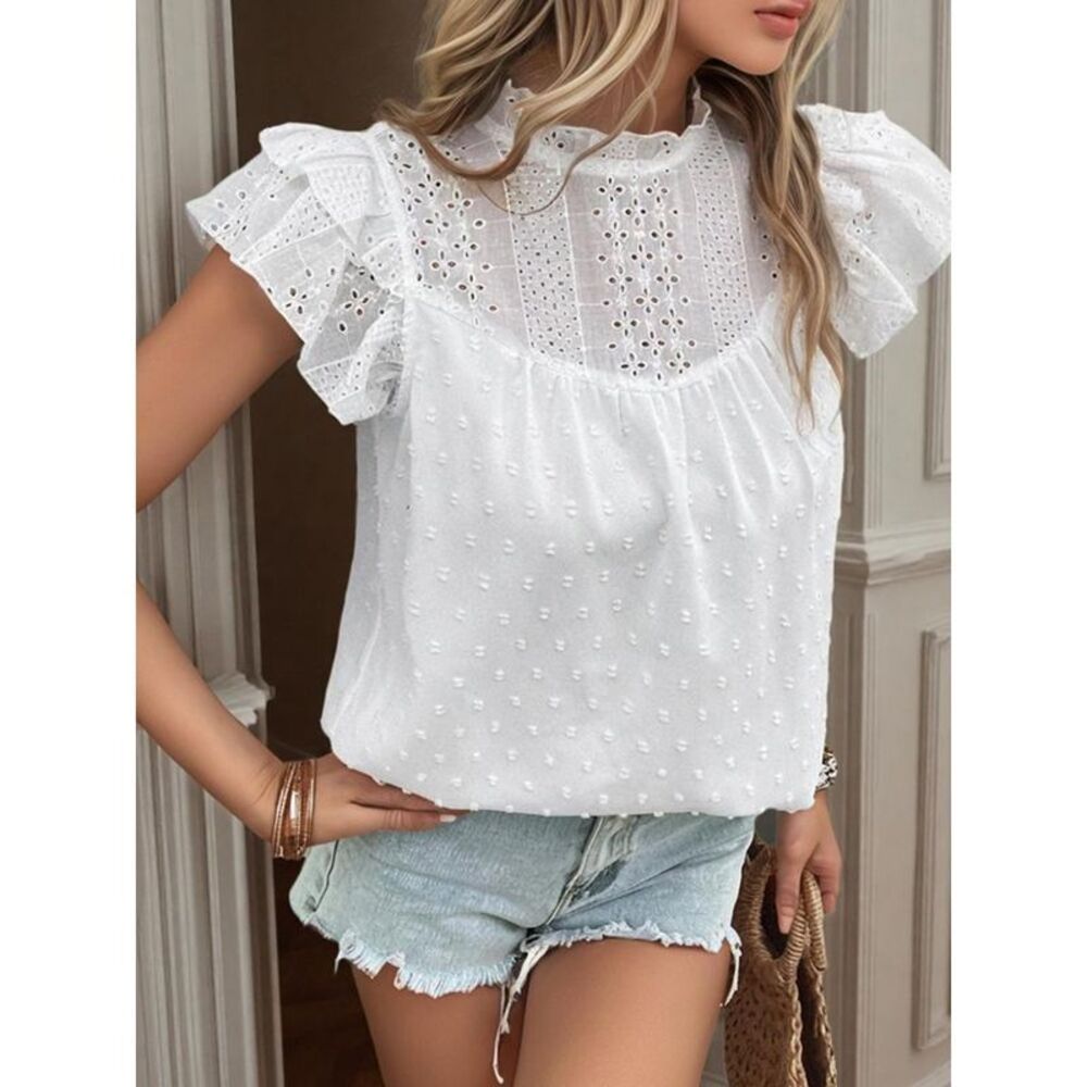 Everyday the Label Eyelet Swiss Dot Cap Sleeve Blouse Women White Blouses & - Picture 2 of 7